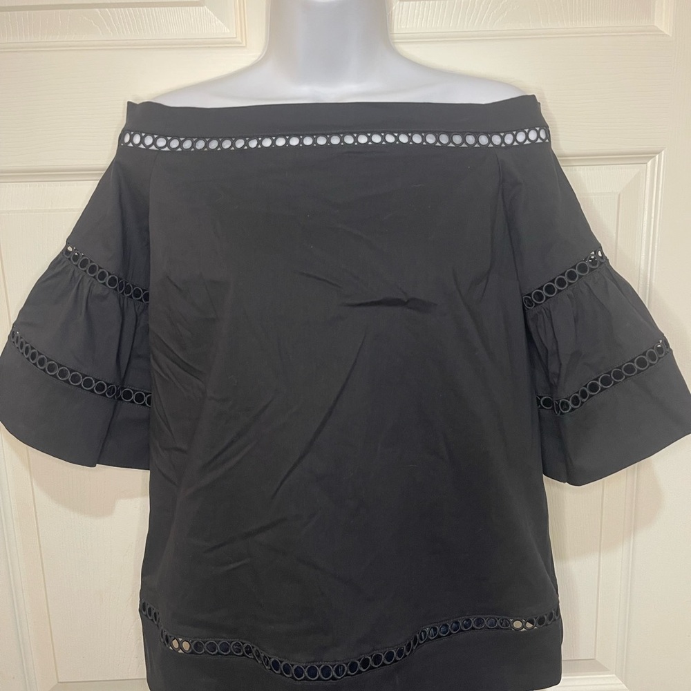 Michael Kors Off Shoulder Black Top S Bell Sleeves Eyelet Detail Chic Blouse